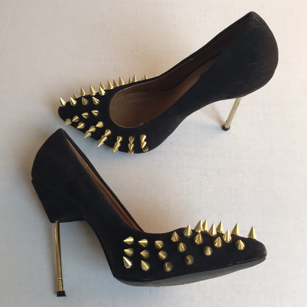 Penny Sue Black Faux Suede Shoe with Gold Spikes & Metallic 4.5 inch Heel